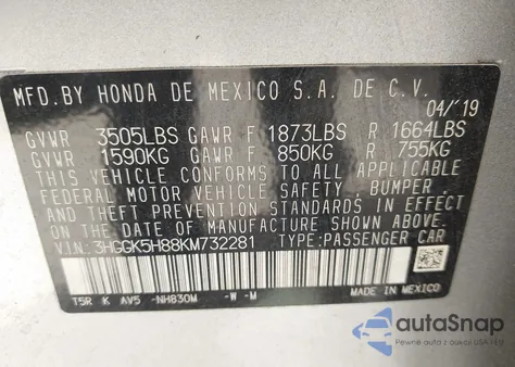 2019 Honda Fit Ex из США, поврежденный, VIN 3HGGK5H88KM732281